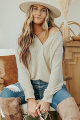 Beige Split V Neck Patch Pocket Waffle Knit Long Sleeve Top