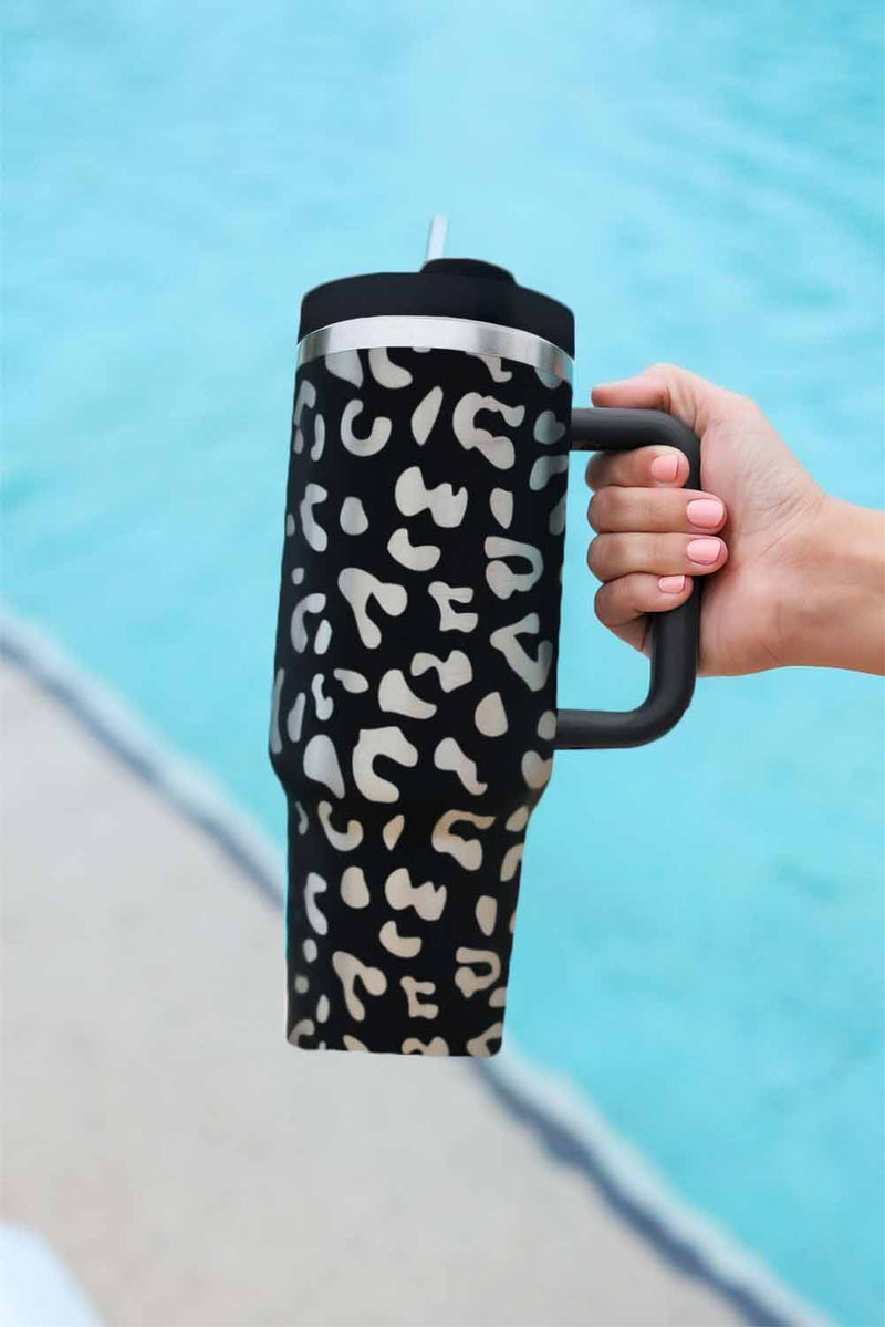 Green 40oz Stainless Steel Portable Leopard Tumbler Mug With Handle