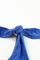 Blue Textured Knotted Straps High Waist Wide Leg Romper