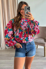 Red Floral Print Balloon Sleeve Half Buttons Blouse