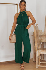 Green Elegant Halter Neck Belted Pleated Wide Leg Jumpsuit