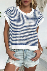 Blue Stripe Contrast Trim Knit Dolman Top