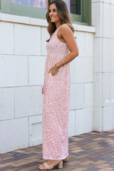 Pink Sleeveless Floor Length Leopard Print Dress with Pockets