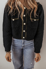 Black Shimmer Flap Pocket Button Up Cardigan