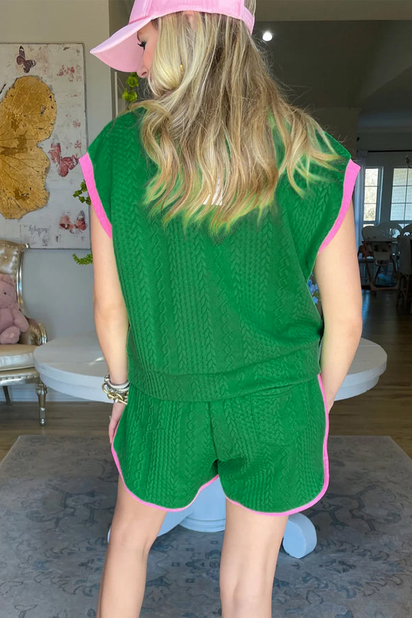 Green Textured Contrast Trim Tee & Drawstring Shorts Set