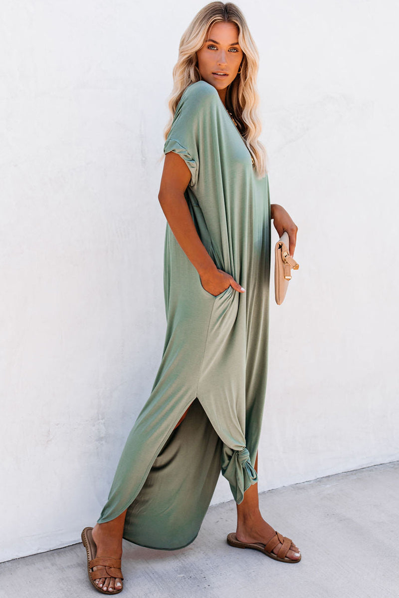 Grass Green Solid Color Hidden Pocket V Neck Slit Maxi Dress