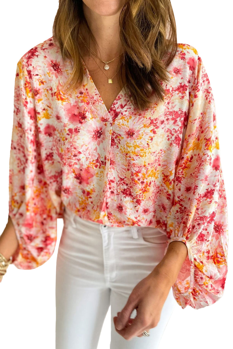 Pink Floral Print V-Neck Lantern Sleeve Blouse