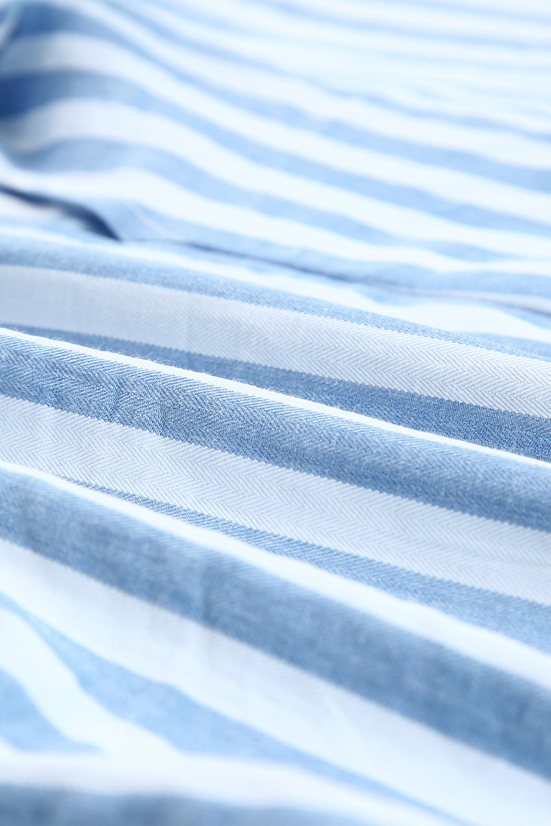 Blue Striped Tie Back Ruffle Trim Sleeveless Shirt