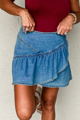 Beau Blue Asymmetric Ruffle Overlay Denim Mini Skirt