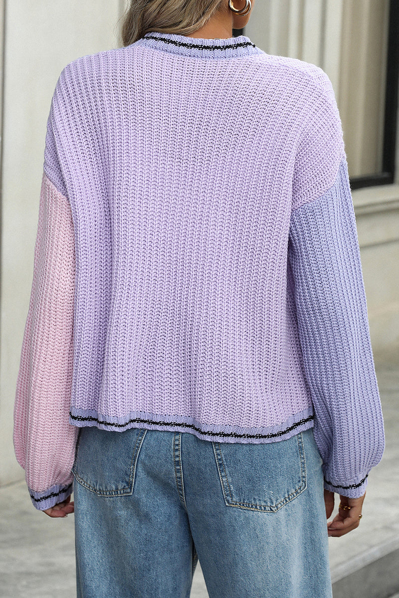 Purple Knit Color Block Open Front Cardigan