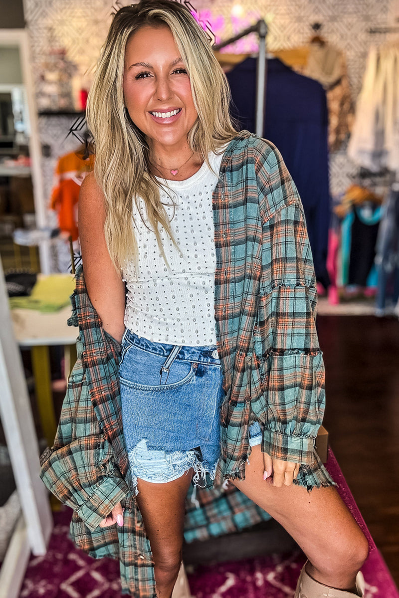 Green Plaid Long Sleeve Distressed Hem Shirt