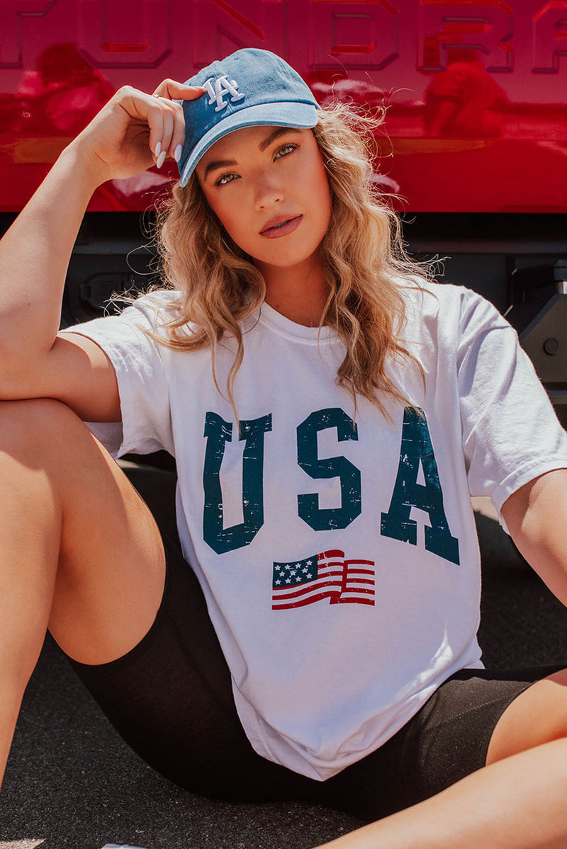 White USA Flag Graphic Round Neck Oversized Tee