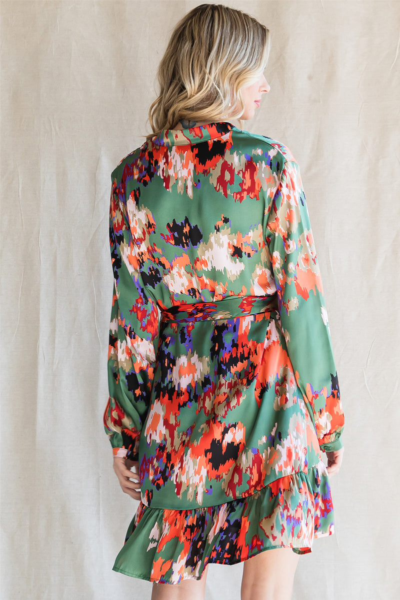 Abstract Print Waist Belted Flounce Hem Split V Neck Long Sleeve Dress