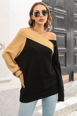 Black Two Tone Contrast Off The Shoulder One Collar Sweater