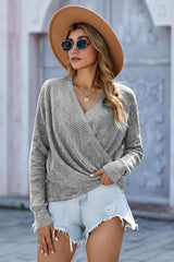 Grey Wrap Deep V-neck Casual Long Sleeve Knit Sweater