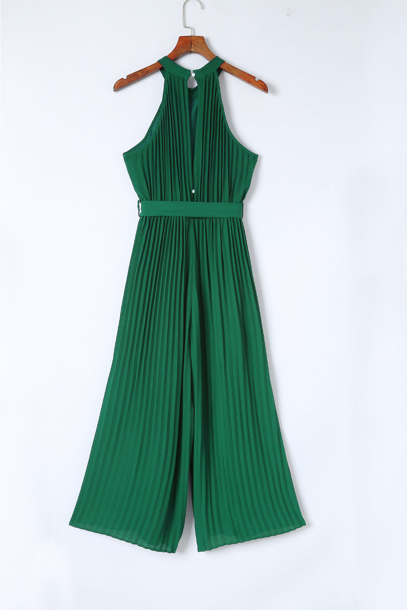 Green Elegant Halter Neck Belted Pleated Wide Leg Jumpsuit