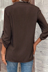 Brown Stripe V Neck Pocket Roll Up Sleeve Shirt