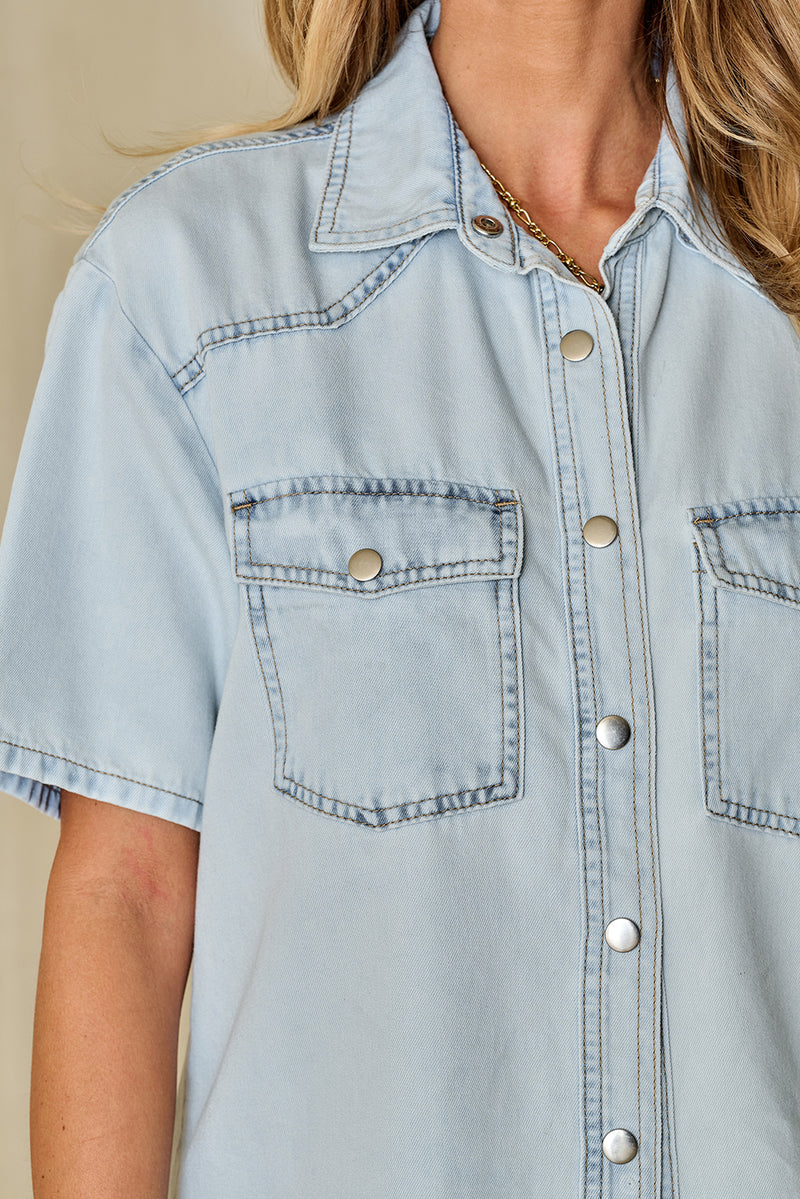 Mist Blue Light Wash Flap Pockets Rounded Hem Denim Blouse