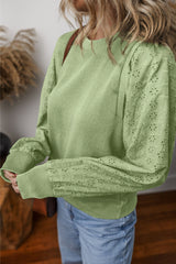 Mist Green Eyelet Embroidered Sleeve Patchwork Ribbed Sweatshirt