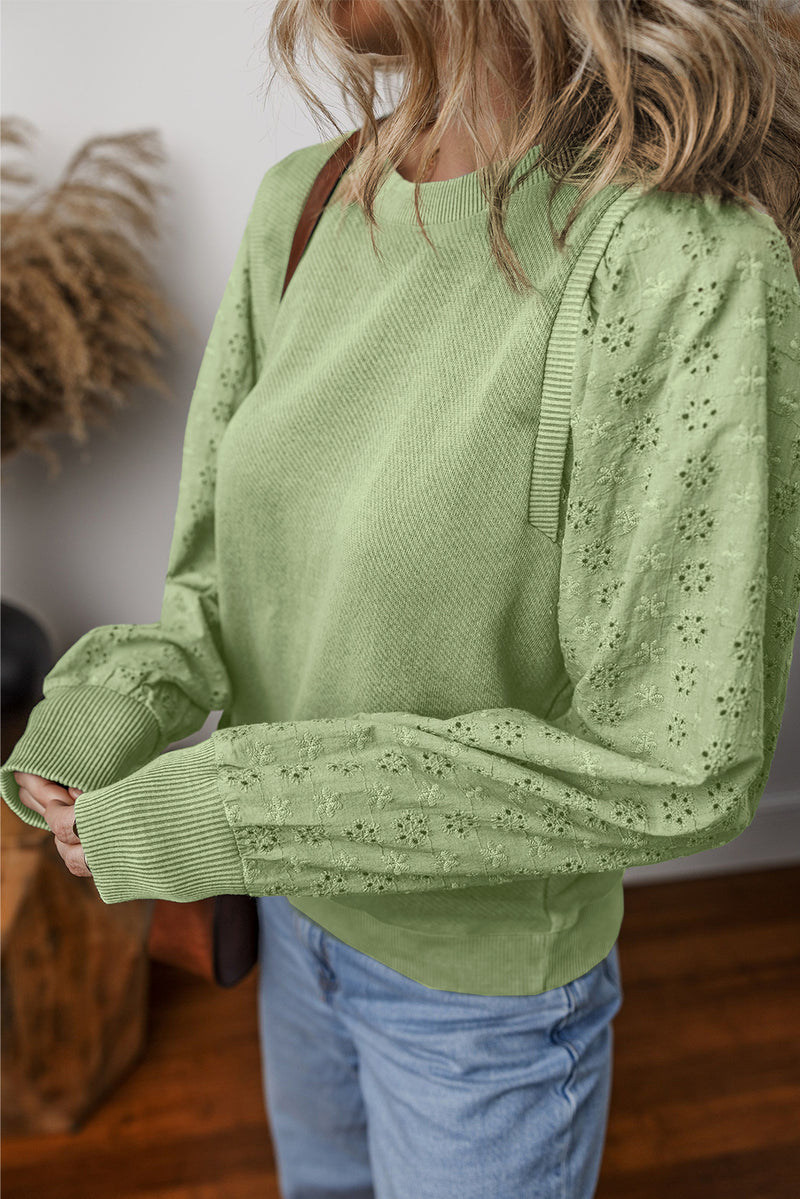 Mist Green Eyelet Embroidered Sleeve Patchwork Ribbed Sweatshirt