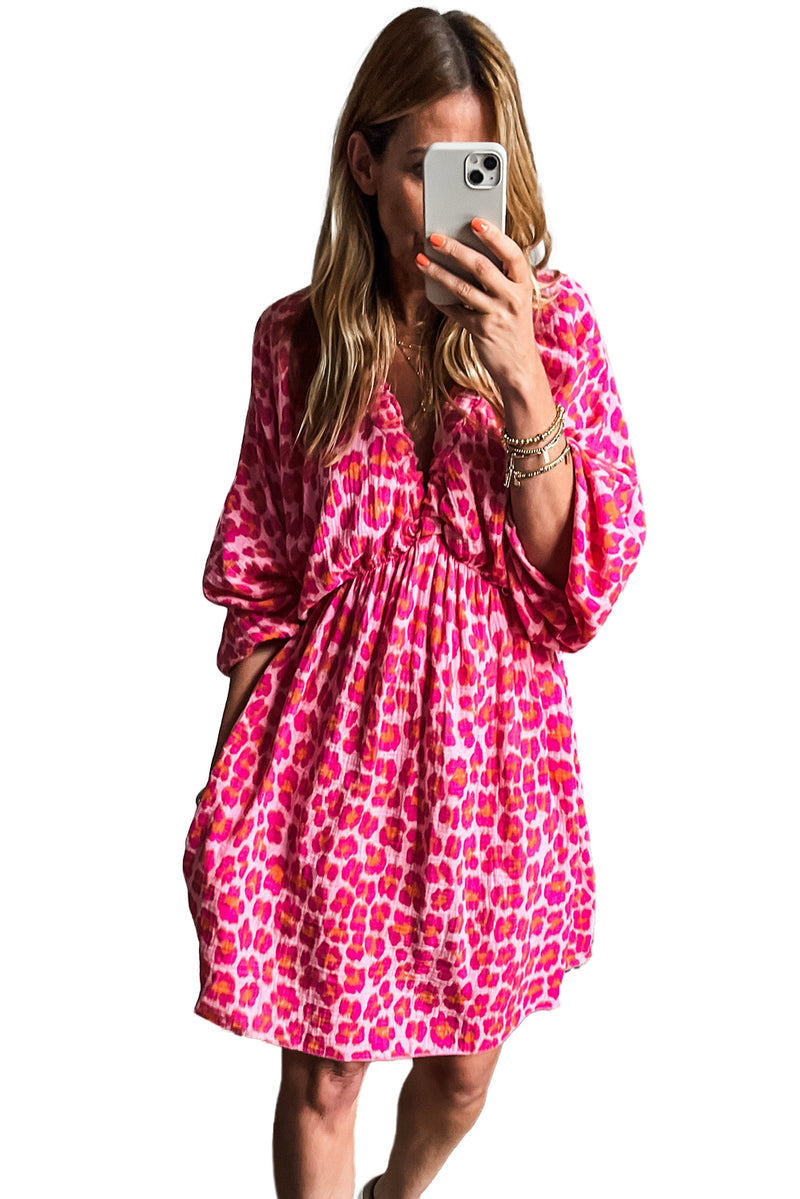 Pink V Neck 3/4 Puff Sleeve Leopard Print Dress