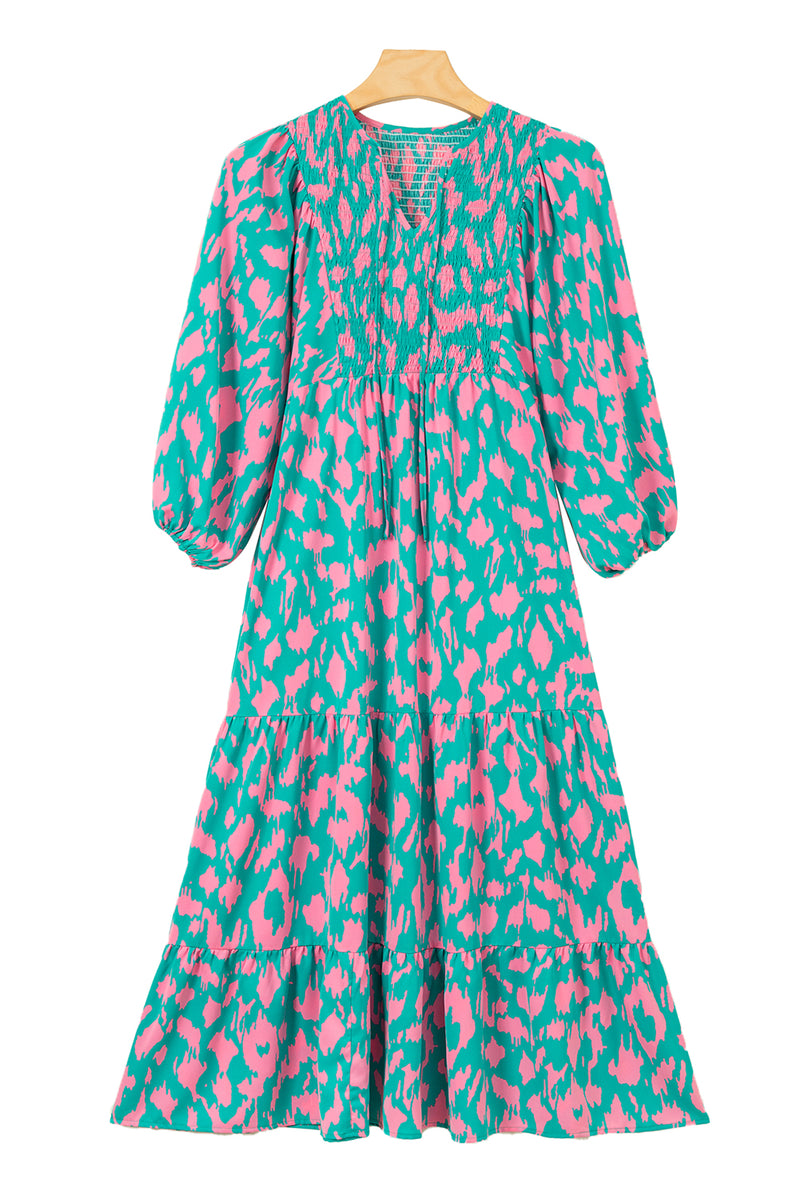 Green Abstract Print Puff Sleeve Smocked V Neck Maxi Dress