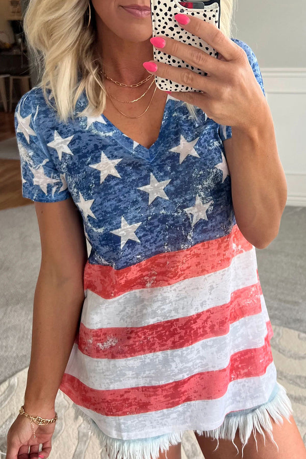 Bluing America Flag Print V-Neck T Shirt