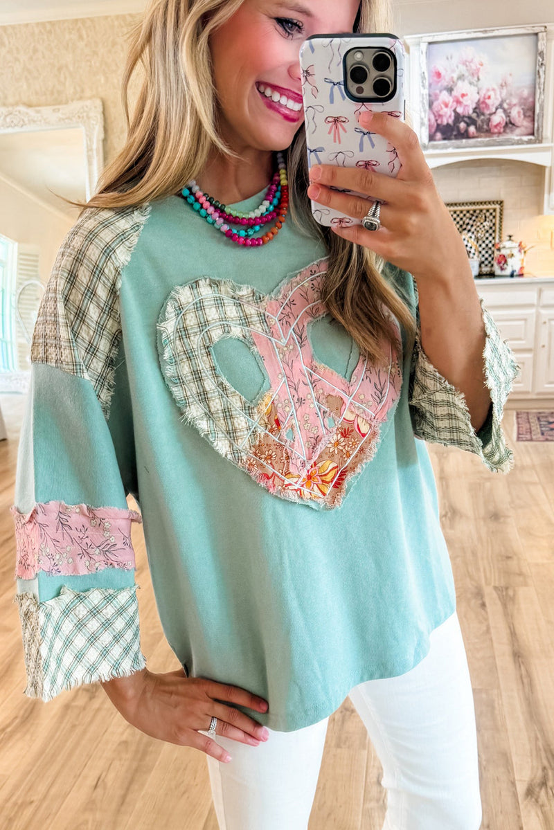 Aqua Plaid Floral Patchwork Heart Long Sleeve Top