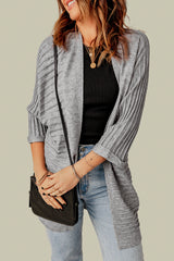 Grey Textured Ribbed Open Front Knit Cardigans