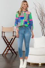 Multicolor Floral Patchwork Buttoned Puff Sleeve Shirt