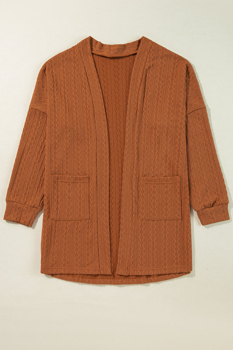 Chestnut Textured Knit Side Pockets Open Front Cardigan