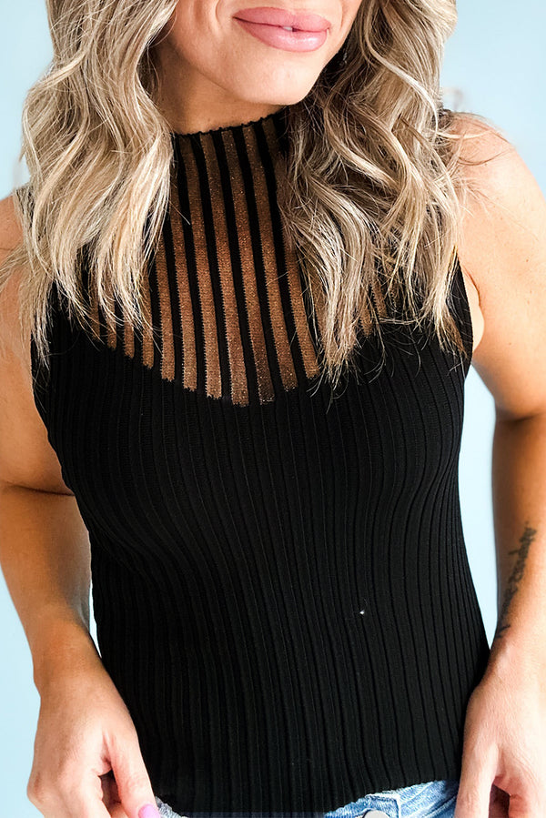 Black Ribbed Texture Striped Mesh Knitted Top