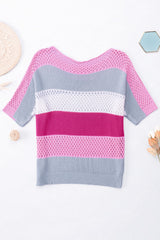 Pink Knitted Eyelet Colorblock Half Sleeves Top