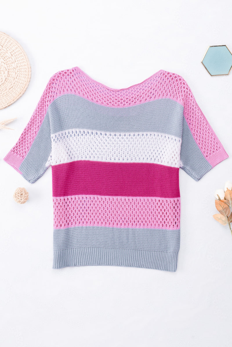 Pink Knitted Eyelet Colorblock Half Sleeves Top