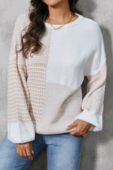 Oatmeal Mixed Pattern Knit Drop Shoulder Reversible Sweater