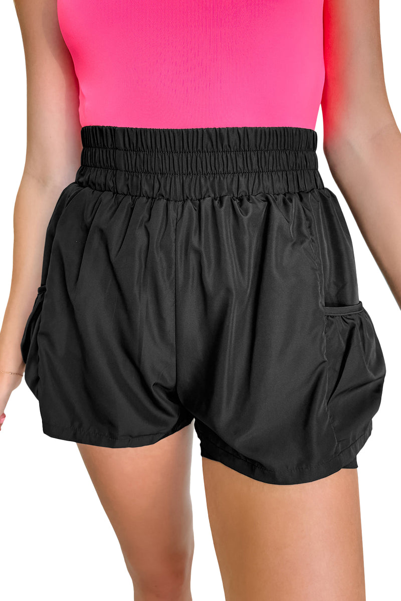 Black Elastic High Waist Pocketed Casual Shorts