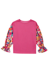 Sachet Pink Flower Patchwork Ribbed Knit Drop Shoulder Top