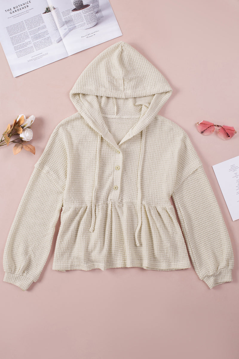 Apricot Waffle Casual Button Ruffle Knit Hoodie