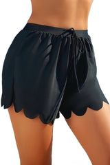 Black Scallop Trim Drawstring Beach Shorts