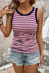 Pink Stripe Contrast Trim Sleeveless Ribbed Slim Top