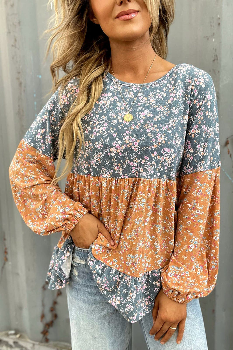 Orange Ditsy Floral Color Block Ruffle Hem Long Sleeve Top