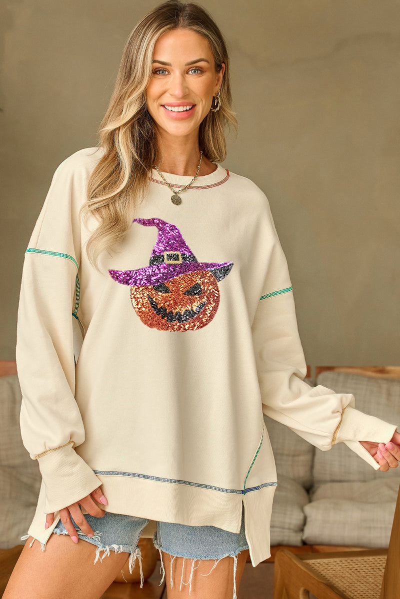 White Glittering Pumpkin Wizard Graphic Exposed Seam Halloween Sweatshirt