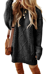 Black Twist Cable Knit Drop Shoulder Loose Fit Sweater Dress