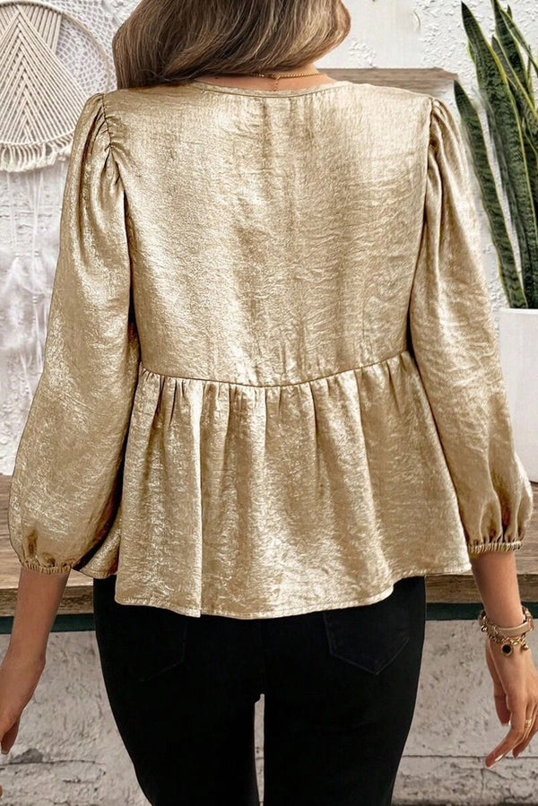 Gold Solid Color Bowknot Front Puff Sleeve Blouse