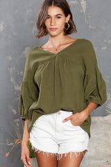 Green Solid Color Gauze Casual V Neck Top for Women