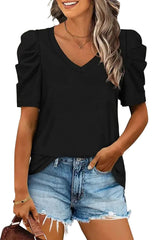 Green Solid Puff Sleeve Casual V Neck T-Shirt