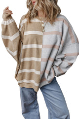 Khaki Stripe Exposed Seam Patchwork Loose Sweatshirts