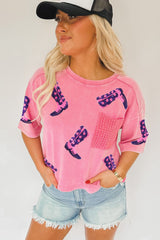 Pink Sequin Boots Graphic Patchwork Crew Neck T Shirt