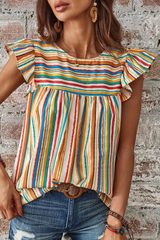 Multicolour Striped Ruffle Sleeve Round Neck Blouse