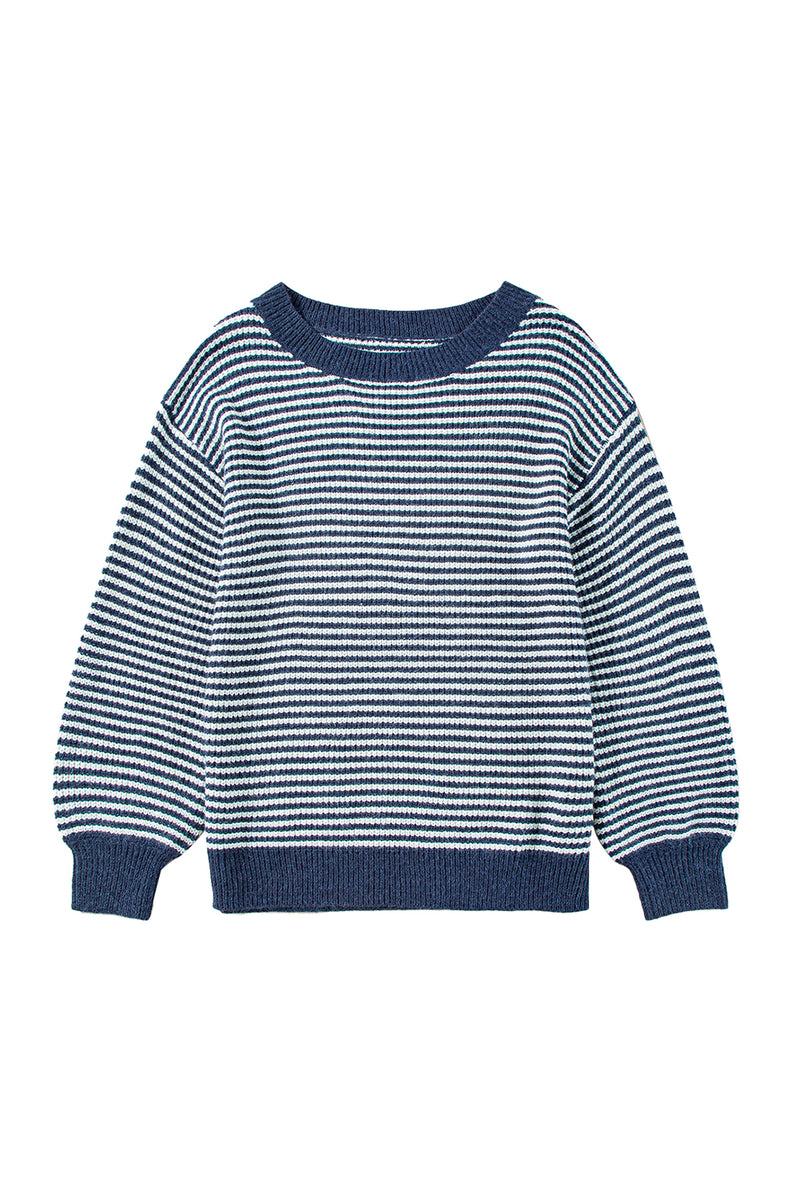 Sail Blue Striped Drop Shoulder Lantern Sleeve Sweater